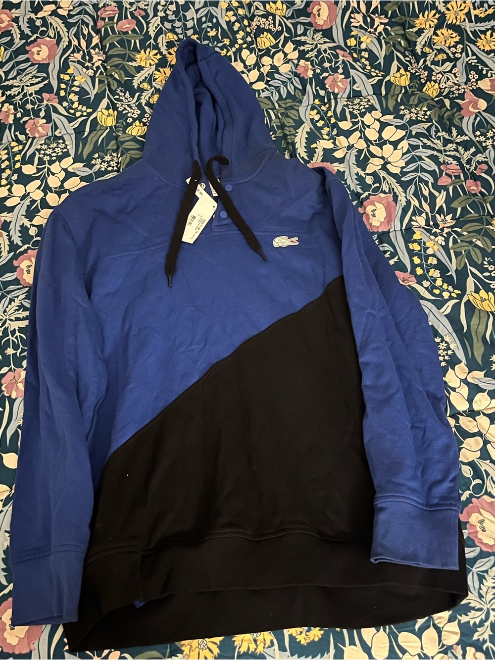 Lacoste Men’s Blue and Black Diagonal Hooded Sweatshirt Size 9R 2XL NWT W/ Flaw